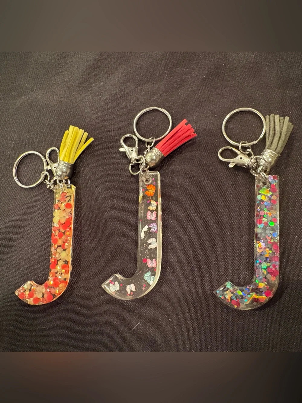 Resin J Initial Keychain and Tassels